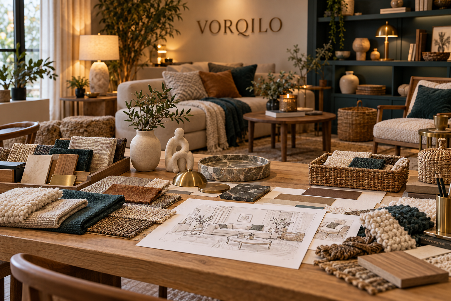 VORQILO home styling studio with textile swatches, lighting samples, organizers and living-room sketches